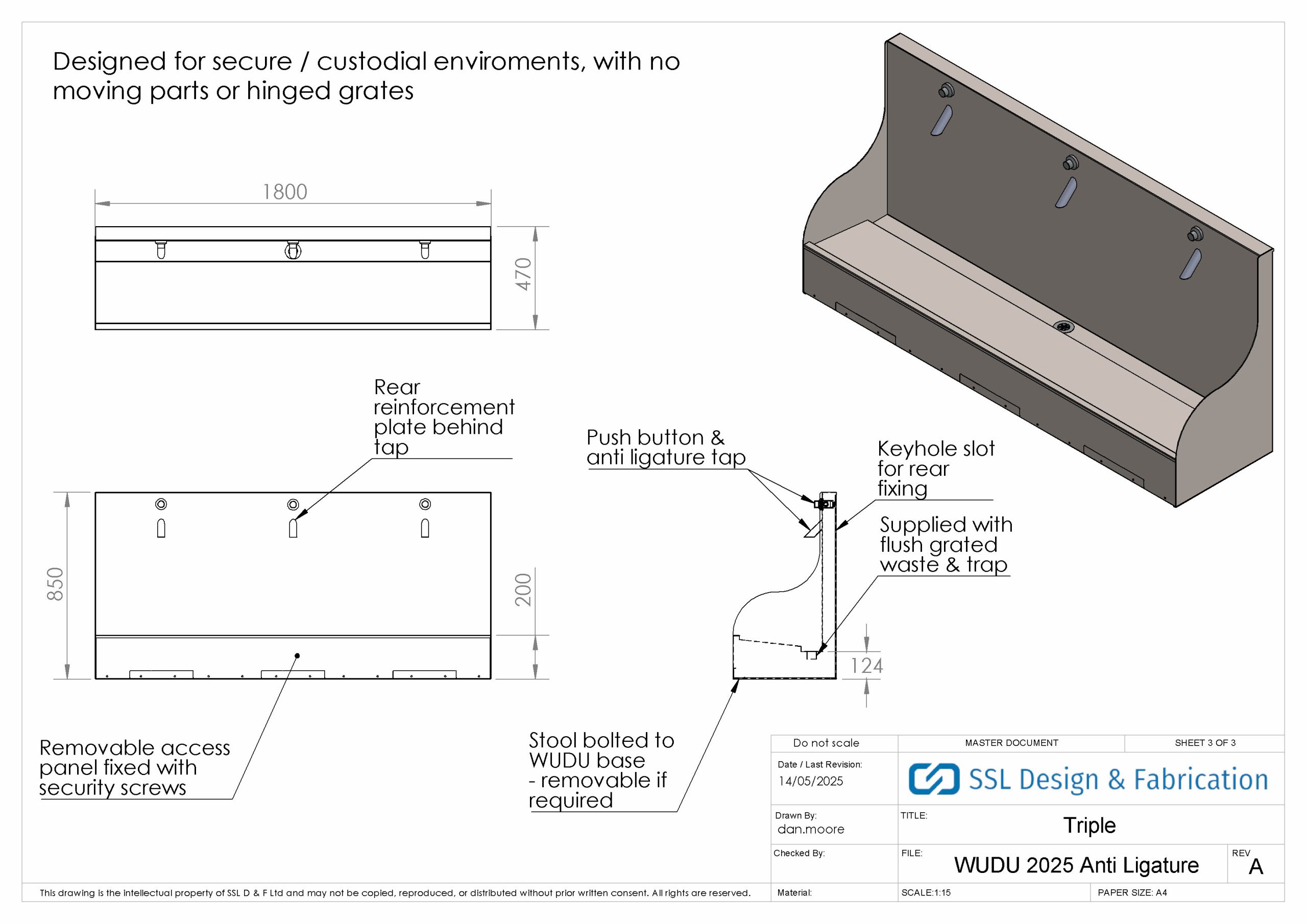 Dimensioned drawing for a anti ligature wudu made from stainless steel.